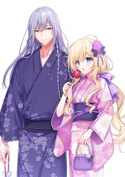 Rule 34 | 1boy, 1girl, blonde hair, blue eyes, blush, bow, braid, brown eyes, candy apple, closed mouth, collar, commission, floral print, flower, food, grey hair, hair between eyes, hair bow, hair flower, hair ornament, highres, holding, holding food, japanese clothes, kimono, long hair, long sleeves, looking at viewer, obi, open mouth, original, pink flower, pink kimono, pixiv commission, print kimono, purple bow, purple kimono, sacraneco, sash, simple background, single braid, smile, very long hair, white background, wide sleeves