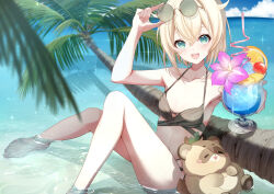 Rule 34 | 1girl, aqua eyes, blonde hair, breasts, cleavage, hololive, kazama iroha, looking at viewer, mamdtsubu, open mouth, outdoors, short hair, small breasts, smile, solo, swimsuit, virtual youtuber
