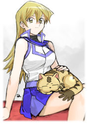Rule 34 | 1girl, 203wolves, animal, arm support, bare arms, bare shoulders, blonde hair, blue skirt, breasts, buttons, cat, closed mouth, commentary request, duel academy uniform (yu-gi-oh! gx), highres, long hair, looking at viewer, medium breasts, miniskirt, obelisk blue uniform, shiny skin, simple background, sitting, skirt, sleeveless, tenjouin asuka, turtleneck, uniform, yu-gi-oh!, yu-gi-oh! gx