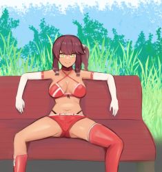 Rule 34 | 1girl, bench, bench tails (meme), bra, breasts, brown hair, cellix, closed mouth, derivative work, elbow gloves, feet out of frame, girls&#039; frontline, gloves, grass, hair ribbon, looking at viewer, medium breasts, medium hair, meme, navel, outdoors, park bench, red bra, red footwear, red shorts, red tank top, red thighhighs, ribbon, saiga-12 (crimson navigator) (girls&#039; frontline), saiga-12 (girls&#039; frontline), shorts, single thighhigh, sitting, smile, solo, spread legs, tank top, thighhighs, underwear, white gloves, white ribbon, yellow eyes