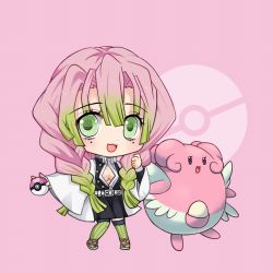 Rule 34 | 1girl, :d, belt, belt buckle, black jacket, black skirt, blissey, blouse, braid, buckle, creatures (company), crossover, egg, game freak, gen 2 pokemon, gradient hair, green eyes, green hair, green thighhighs, holding, holding poke ball, jacket, kanroji mitsuri, kimetsu no yaiba, long hair, long sleeves, love ball, maodouzi, mole, mole under eye, multicolored hair, nintendo, open clothes, open jacket, open mouth, open shirt, outstretched arm, over-kneehighs, pink background, pink hair, pleated skirt, poke ball, poke ball symbol, pokemon, pokemon (creature), shirt, skirt, sleeves past wrists, smile, striped clothes, striped thighhighs, thighhighs, tri braids, vertical-striped clothes, vertical-striped thighhighs, very long hair, white belt, white shirt, wide sleeves