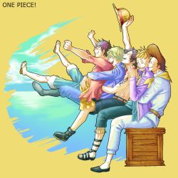 Rule 34 | 5boys, blonde hair, brothers, brown hair, highres, hug, male focus, marco (one piece), monkey d. luffy, multiple boys, one piece, portgas d. ace, sabo (one piece), siblings, simple background, sitting, smile, thatch, time paradox