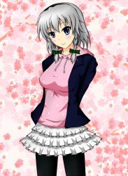 Rule 34 | 1girl, akaiaisu, alternate costume, arms behind back, bad id, bad pixiv id, blue eyes, blush, bow, braid, breasts, cherry blossoms, contemporary, fashion, female focus, frills, hair bow, head tilt, headband, izayoi sakuya, jacket, light smile, looking at viewer, pantyhose, pink background, short hair, silver hair, skirt, solo, touhou, twin braids