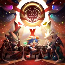 Rule 34 | 3boys, anniversary, bad id, bad pixiv id, cape, chaos emerald, commentary request, confetti, crown, furry, furry male, gem, gloves, green eyes, iiimirai, male focus, multiple boys, red cape, red eyes, ring (sonic), shadow the hedgehog, shoes, silver the hedgehog, sitting, sneakers, sonic (series), sonic the hedgehog, sword, throne, weapon, white gloves, yellow eyes
