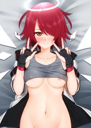 Rule 34 | 1girl, absurdres, angel, arknights, black gloves, blush, bottomless, breasts, clothes lift, covered erect nipples, double w, exusiai (arknights), fingerless gloves, gloves, grey tank top, groin, hair over one eye, halo, hands up, highres, jacket, looking at viewer, lying, medium breasts, navel, nervous smile, nipples, no bra, on back, open clothes, open jacket, orange eyes, out-of-frame censoring, red eyes, red hair, shirt lift, short hair, smile, solo, tank top, w, white jacket, wings, z.taiga