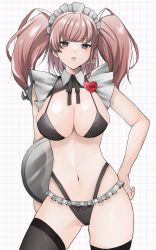 Rule 34 | 1girl, atlanta (kancolle), bikini, black bikini, black ribbon, black thighhighs, breasts, brown hair, cleavage, commentary request, detached collar, grey eyes, hand on own hip, highleg, highleg bikini, highres, holding, holding tray, kantai collection, large breasts, long hair, looking at viewer, maid, maid bikini, maid headdress, navel, neck ribbon, open mouth, ribbon, shiny skin, solo, swimsuit, thighhighs, toriniku senshi chikinman, tray, two side up, unconventional maid