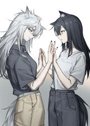 Rule 34 | 2girls, absurdres, alternate costume, animal ears, arknights, belt, black hair, black nails, black pants, black shirt, brown shorts, closed mouth, clothing cutout, collared shirt, cowboy shot, from side, gradient background, grey background, grey eyes, grey hair, highres, holding hands, lappland (arknights), long hair, multiple girls, nail polish, pants, parted lips, profile, senkane, shirt, short sleeves, shorts, smile, tail, tail through clothes, texas (arknights), white background, white shirt, wolf ears, wolf girl, wolf tail, yellow eyes, yuri
