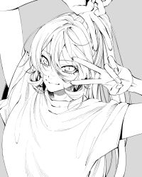 Rule 34 | 1girl, arms up, double v, fang, grey background, greyscale, hair between eyes, highres, long hair, looking at viewer, monochrome, nijisanji, nui sociere, ponytail, shirt, simple background, smile, solo, t-shirt, upper body, v, v over eye, vice (kuronekohadokoheiku), virtual youtuber