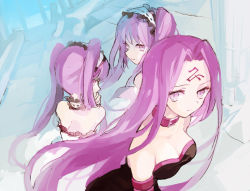 Rule 34 | 3girls, breasts, cleavage, collar, dress, euryale (fate), facial mark, fate/hollow ataraxia, fate/stay night, fate (series), long hair, medusa (fate), medusa (rider) (fate), multiple girls, purple eyes, purple hair, siblings, sisters, small breasts, soto, square pupils, stheno (fate), strapless, strapless dress, twins, twintails, very long hair