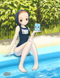 Rule 34 | 00s, 1girl, barefoot, black one-piece swimsuit, blue hair, blush stickers, day, feet, forehead, grass, hairband, knees together feet apart, looking at viewer, makabe konuri, makabe nuri, name tag, one-piece swimsuit, orange eyes, outdoors, petopetosan, pigeon-toed, pool, poolside, school swimsuit, shallow water, short hair, siblings, sisters, sitting, soaking feet, solo, swimsuit, water