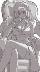 Rule 34 | 1girl, 7saki, aged up, armchair, bat wings, bra, breasts, chair, cleavage, garter straps, greyscale, highres, large breasts, medium hair, monochrome, remilia scarlet, sash, shadow, sitting, slit pupils, smile, solo, thighhighs, touhou, underwear, wings, wrist cuffs