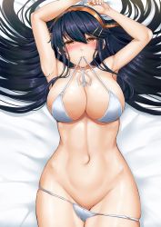 Rule 34 | 1girl, absurdres, alternate costume, armpits, arms up, bare shoulders, bed sheet, bikini, bikini pull, black hair, blush, breasts, brown eyes, chiyo goya, clothes pull, collarbone, groin, hair between eyes, hair ornament, hairband, hairclip, half-closed eyes, halterneck, haruna (kancolle), headgear, highres, kantai collection, large breasts, long hair, looking at viewer, mouth hold, navel, skindentation, solo, stomach, swimsuit, white bikini
