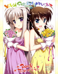 Rule 34 | 2girls, absurdres, ahoge, bare shoulders, blue eyes, blush, bouquet, bow, breasts, brown hair, choker, cleavage, collarbone, copyright name, dress, flower, fujima takuya, fuka reventon, gloves, hair ribbon, highres, holding, holding bouquet, large breasts, long hair, looking at viewer, lyrical nanoha, multiple girls, official art, open mouth, ponytail, purple eyes, ribbon, rinne berlinetta, scan, scan artifacts, sidelocks, silver hair, smile, strapless, strapless dress, text focus, vivid strike!, white gloves