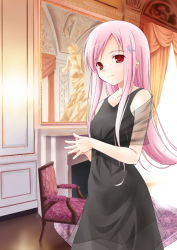 Rule 34 | 00s, 1girl, dress, hair ornament, hairpin, long hair, lucy maria misora, mikaze takashi, mirror, pink hair, red eyes, smile, solo, steepled fingers, to heart (series), to heart 2