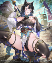 Rule 34 | 1girl, animal ears, artist name, black hair, blue eyes, breasts, closed mouth, company name, copyright name, copyright notice, evertale, highres, large breasts, leotard, long hair, looking at viewer, official art, pelvic curtain, rin (evertale), sage joh, solo, squatting, thighhighs, torn clothes