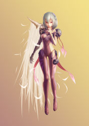 Rule 34 | 1girl, absurdres, alternate costume, armor, beige background, bodysuit, breasts, chongtian yixiao shualuanfei, commentary request, energy wings, floating, full body, gradient background, highres, kishin sagume, lips, looking at viewer, pauldrons, prosthesis, prosthetic arm, purple bodysuit, purple eyes, science fiction, short hair, shoulder armor, silver hair, single wing, small breasts, solo, thigh gap, touhou, wings, yellow background