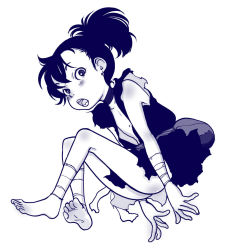 Rule 34 | 1girl, androgynous, barefoot, blush, dororo (character), dororo (tezuka), feet, male focus, monochrome, open mouth, ponytail, riarutoruchokku, soles, solo, toes, torn clothes