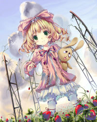 Rule 34 | 00s, 1girl, blonde hair, bloomers, bow, child, cloud, curly hair, day, doll, duplicate, food, fruit, full body, green eyes, hair bow, hinaichigo, kunkun, looking at viewer, name connection, object namesake, pantyhose, pink bow, pink shirt, rozen maiden, shirt, short hair, smile, solo, standing, strawberry, underwear, white bloomers, white pantyhose, yamamoto nori