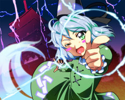 Rule 34 | 1girl, blush stickers, ghost tail, green hair, hat, highres, lightning, pointing, pointing at viewer, shokkin, soga no tojiko, solo, tokin hat, touhou, white hair, wink