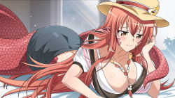 Rule 34 | 1girl, arm support, artist request, black skirt, blush, breasts, cleavage, game cg, hair ornament, hairclip, hat ornament, jewelry, lamia, large breasts, long hair, looking away, miia (monster musume), monster girl, monster musume no iru nichijou, monster musume no iru nichijou online, necklace, official alternate costume, official art, pointy ears, red hair, scales, shirt, skirt, slit pupils, solo, very long hair, white shirt, yellow eyes
