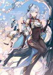 Rule 34 | 1boy, 1girl, :o, ahoge, amaichi esora, aqua nails, aunt and nephew, between legs, black bodysuit, black footwear, black gloves, blue eyes, blue hair, bodysuit, braid, branch, breast curtains, breasts, bridal gauntlets, chinese knot, chongyun (genshin impact), closed mouth, clothing cutout, commentary, covered navel, dated, earrings, english text, eyebrows hidden by hair, fingerless gloves, food, full body, genshin impact, gloves, gold trim, grey hair, groin, hair intakes, hair ornament, hair over one eye, hand between legs, hand up, high heels, highres, hip vent, holding, jewelry, legs, legs together, long bangs, long hair, looking at viewer, low-braided long hair, low-tied long hair, nail polish, open mouth, parted hair, popsicle, shadow, shenhe (genshin impact), short hair, shoulder cutout, sitting, slit pupils, smile, swept bangs, tassel, tassel earrings, thighs, vision (genshin impact)