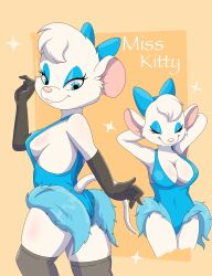 Rule 34 | 1girl, animal ears, arms behind head, black gloves, blue eyes, blue eyeshadow, breasts, closed eyes, curvy, disney, elbow gloves, eyeshadow, gloves, highres, large breasts, looking at viewer, looking back, looking down, looking to the side, makeup, medium breasts, miss kitty mouse (the great mouse detective), mouse ears, mouse girl, mouse tail, name tag, showgirl, smile, tail, the great mouse detective, white fur, white hair, zebra10045