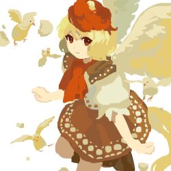 Rule 34 | 1girl, bird, blonde hair, boots, brown footwear, brown hair, brown skirt, chick, closed mouth, commentary request, highres, kaigen 1025, multicolored hair, neck ribbon, niwatari kutaka, puffy short sleeves, puffy sleeves, red hair, red ribbon, ribbon, shirt, short hair, short sleeves, simple background, sketch, skirt, smile, solo, touhou, white background, white shirt