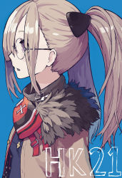Rule 34 | 1girl, blue background, buckle, character name, coat, commentary, cross, cross necklace, expressionless, from side, fur-trimmed hood, fur trim, fur trimm, girls&#039; frontline, greek cross, grey hair, hair ornament, hair over one eye, highres, hk21 (girls&#039; frontline), hood, jewelry, long hair, long sleeves, necklace, open mouth, papaia (quentingqoo), parted bangs, parted lips, profile, purple eyes, rimless eyewear, round eyewear, sidelocks, simple background, solo, turtleneck, twintails, upper body, winter clothes, winter coat