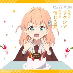 Rule 34 | 1girl, brown dress, cake, candle, check commentary, commentary request, confetti, crossed bangs, dated, dress, eyebrows hidden by hair, flower, food, fruit, fuchsia (flower), hair ornament, happy birthday, hashtag, hasu no sora school uniform, highres, hinoshita kaho, letterboxed, link! like! love live!, long sleeves, looking at food, love live!, makki do, medium hair, open mouth, orange hair, rabbit hair ornament, sailor collar, school uniform, side ahoge, smile, solo, strawberry, translation request, white background, white flower, white sailor collar, winter uniform
