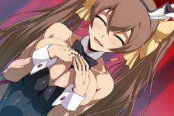 Rule 34 | 10s, 1girl, animal ears, blush, breast hold, breasts, breasts squeezed together, brown hair, cleavage, closed eyes, earrings, fake animal ears, female focus, gradient background, huang lingyin, infinite stratos, jaga note, jewelry, large breasts, leotard, long hair, open mouth, playboy bunny, rabbit ears, smile, solo, twintails, upper body
