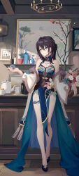 Rule 34 | 1girl, absurdres, aqua dress, bare shoulders, bead necklace, beads, black hair, blue eyes, blue footwear, coat, commentary request, covered navel, dress, fangai-anmian, full body, hair intakes, highres, honkai: star rail, honkai (series), indoors, jewelry, long hair, necklace, open clothes, open coat, pelvic curtain, ruan mei (honkai: star rail), shoes, solo, standing, strapless, strapless dress, teapot, thigh strap