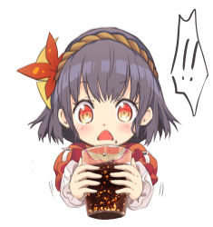 Rule 34 | !, !!, 1girl, 1koma, absurdres, aged down, autumn leaves, child, comic, commentary request, cup, drink, drinking glass, hair ornament, hands up, highres, holding, holding cup, layered sleeves, leaf hair ornament, long sleeves, medium hair, motion blur, open mouth, purple hair, red eyes, short over long sleeves, short sleeves, sidelocks, simple background, soda, solo, surprised, tatuhiro, touhou, triangle mouth, upper body, white background, wide-eyed, yasaka kanako