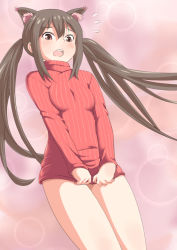 Rule 34 | 1girl, animal ear fluff, black hair, brown eyes, clothes pull, cowboy shot, from below, k-on!, long hair, nakano azusa, satomi yoshitaka, sweater, sweater pull, thighs, twintails