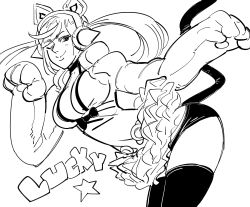 Rule 34 | animal ear headphones, animal ears, animal hands, bad id, bb (baalbuddy), breasts, cat ear headphones, cat tail, closed mouth, contrapposto, cowboy shot, fake animal ears, gloves, greyscale, hands up, headphones, highres, inactive account, large breasts, looking at viewer, lucky chloe, monochrome, one eye closed, panties, paw gloves, simple background, skirt, smile, solo, star (symbol), swept bangs, tail, tekken, tekken 7, thighhighs, twintails, underwear, white background