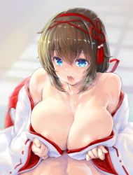Rule 34 | 1boy, 1girl, areola slip, bare shoulders, blue eyes, blush, breasts, breasts squeezed together, brown hair, cleavage, collarbone, commentary request, fujisaki yua, hair between eyes, hair ornament, hairband, hakama, hakama skirt, heavy breathing, highres, japanese clothes, jisedai youtuber yua, kimono, kiyama satoshi, large breasts, long hair, long sleeves, looking at viewer, miko, nose blush, off shoulder, open mouth, paizuri, short hair, skirt, solo focus, sweat, virtual youtuber, wide sleeves