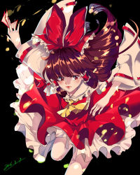 Rule 34 | 1girl, between fingers, black background, blush, bow, brown hair, dated, detached sleeves, expressionless, frilled bow, frills, hair bow, hair tubes, hakurei reimu, hand up, highres, holding, legs, light particles, lips, long hair, nail polish, red eyes, red nails, red shirt, red skirt, retro artstyle, ribbon-trimmed sleeves, ribbon trim, sarashi, shirt, simple background, skirt, sleeveless, sleeveless shirt, solo, talisman, touhou, wide sleeves, yayoi (su misheng)