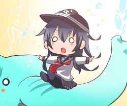Rule 34 | 10s, 1girl, akatsuki (kancolle), anchor symbol, bad id, bad pixiv id, blush stickers, chibi, elephant, flat cap, gradient background, hat, himegi, kantai collection, long hair, neckerchief, o o, open mouth, outstretched arms, pantyhose, purple hair, red neckerchief, riding, school uniform, serafuku, skirt, spread arms