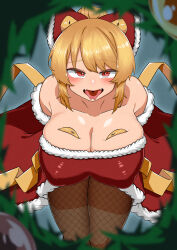 Rule 34 | 1girl, absurdres, alternate costume, blonde hair, blue background, blurry, blurry foreground, blush, bow, breasts, brown pantyhose, christmas, cleavage, commentary request, dress, fangs, feet out of frame, fishnet pantyhose, fishnets, forked tongue, fur-trimmed bow, fur-trimmed dress, fur trim, hair bow, hair bun, highres, kurodani yamame, large breasts, leaning forward, looking at viewer, medium hair, open mouth, pantyhose, red bow, red dress, red eyes, rinyamame, smile, solo, strapless, strapless dress, tongue, tongue out, touhou, wreath
