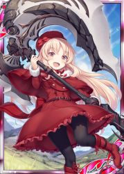 Rule 34 | 1girl, :d, akkijin, axe, blonde hair, boots, card (medium), dress, gluteal fold, hat, hat ribbon, holding, holding weapon, huge weapon, long hair, looking at viewer, official art, open mouth, orange eyes, pantyhose, red eyes, red footwear, red ribbon, ribbed dress, ribbon, shinkai no valkyrie, smile, weapon