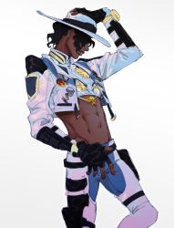 Rule 34 | 1boy, abs, aces high seer, apex legends, black gloves, commentary, cropped jacket, dark-skinned male, dark skin, fingerless gloves, gloves, hair behind ear, hand on headwear, hat, highres, jacket, jewelry, leaning back, lip piercing, male focus, navel, necklace, official alternate costume, open hand, pants, piercing, seer (apex legends), solo, symbol-only commentary, white background, white hat, white jacket, white pants, yitiao da shu