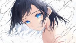 Rule 34 | 1girl, absurdres, black hair, blue eyes, blue nails, copyright request, eye focus, fingernails, highres, looking at viewer, medium hair, nail polish, original, parted lips, portrait, simple background, sogawa, solo, upper body, water drop, wet, wet hair, white background
