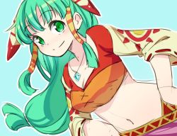 Rule 34 | 1girl, breasts, closed mouth, feena (grandia), grandia, grandia i, green eyes, green hair, hair ornament, hair tubes, jewelry, laco soregashi, long hair, looking at viewer, low-tied long hair, midriff, navel, necklace, simple background, skirt, smile, solo, wide sleeves