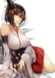 Rule 34 | 10s, 1girl, arm support, bare shoulders, black hair, breasts, detached sleeves, genyaky, headgear, highres, kantai collection, large breasts, looking at viewer, machinery, nontraditional miko, red eyes, short hair, sitting, skirt, solo, white background, yamashiro (kancolle), yokozuwari