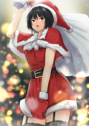 Rule 34 | 1girl, absurdres, amagami, annoyed, arm up, belt, belt buckle, black belt, black hair, black thighhighs, blurry, blurry background, blush, breasts, brown eyes, buckle, capelet, christmas, christmas tree, commentary, covering crotch, covering privates, cowboy shot, depth of field, dress, dress tug, embarrassed, from below, fur trim, furrowed brow, garter straps, hair between eyes, hat, highres, holding, holding sack, lace, lace-trimmed thighhighs, looking at viewer, looking down, medium breasts, mittens, nanasaki ai, open mouth, pom pom (clothes), red capelet, red dress, red hat, red mittens, sack, santa costume, santa hat, short dress, short hair, solo, standing, teeth, thighhighs, upper teeth only, white fur, yoo tenchi, zettai ryouiki