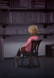 Rule 34 | 1girl, absurdres, black thighhighs, blonde hair, book, boots, cd, chair, child, from behind, full body, highres, hood, hoodie, manga (object), non-web source, original, phonograph, rustle, shelf, short hair, sitting, skirt, solo, spot color, thighhighs, vinyl