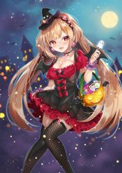 Rule 34 | 1girl, aise yuria, blonde hair, breasts, choker, cleavage, demon wings, dress, fishnet thighhighs, fishnets, halloween, halloween costume, hat, i-live, iriam, long hair, night, night sky, red eyes, shione (memento forest), sky, solo, thighhighs, virtual youtuber, wings, witch hat