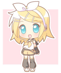 Rule 34 | 1girl, arm tattoo, arms at sides, black footwear, blonde hair, blouse, blush, boots, chibi, detached sleeves, full body, hair ornament, hair ribbon, hairclip, headphones, headset, heart, kagamine rin, kagamine rin (if), looking at viewer, mirai (sugar), neckerchief, number tattoo, outline, pink background, ribbon, school uniform, serafuku, shirt, short sleeves, shorts, simple background, sleeveless, sleeveless shirt, solo, standing, tareme, tattoo, thigh boots, thighhighs, vocaloid, white ribbon, yellow neckerchief, yellow shorts