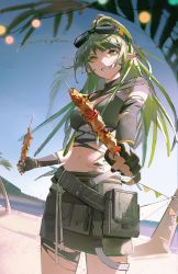 Rule 34 | 1girl, arknights, beach, black gloves, black nails, bracelet, commentary, crocodile, crocodilian, elbow gloves, feet out of frame, food, gavial (arknights), gavial the invincible (arknights), gloves, goggles, goggles on head, green hair, green skirt, grin, highres, holding, holding skewer, jewelry, kebab, long hair, looking at viewer, lyooo 6, material growth, nail polish, navel, oripathy lesion (arknights), outdoors, palm tree, pointy ears, pouch, sand, skewer, skirt, smile, solo, stomach tattoo, tattoo, torn clothes, torn gloves, tree, yellow eyes