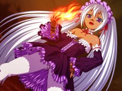 Rule 34 | 1girl, bare shoulders, dark-skinned female, dark skin, detached sleeves, dress, fang, fangs, fingerless gloves, fire, flat chest, from below, gloves, goth fashion, gothic lolita, hand on own hip, hip focus, lolita fashion, long hair, magic, pantyhose, purple eyes, pyrokinesis, solo, strapless, strapless dress, twintails, upskirt, very long hair, vocaloid, white hair, white pantyhose, xai, yamine aku