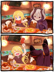 Rule 34 | 2girls, 2koma, :d, alcohol, arm up, bar (place), beer, beer mug, black eyes, black hair, blonde hair, blush, buchi0122, chalkboard, closed mouth, comic, commentary request, cup, drinking glass, drunk, eating, closed eyes, falling, food, fork, glass, hair between eyes, highres, holding, indoors, long hair, looking at viewer, lyza (made in abyss), made in abyss, meat, mug, multicolored hair, multiple girls, nose blush, open mouth, ozen, plate, purple eyes, sign, smile, two-tone hair, v-shaped eyebrows, very long hair, white hair, wine glass